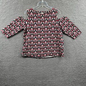 Chicos Womens Top 2 Large Red Black‎ Shoe Print Cold Shoulder Pullover Shirt